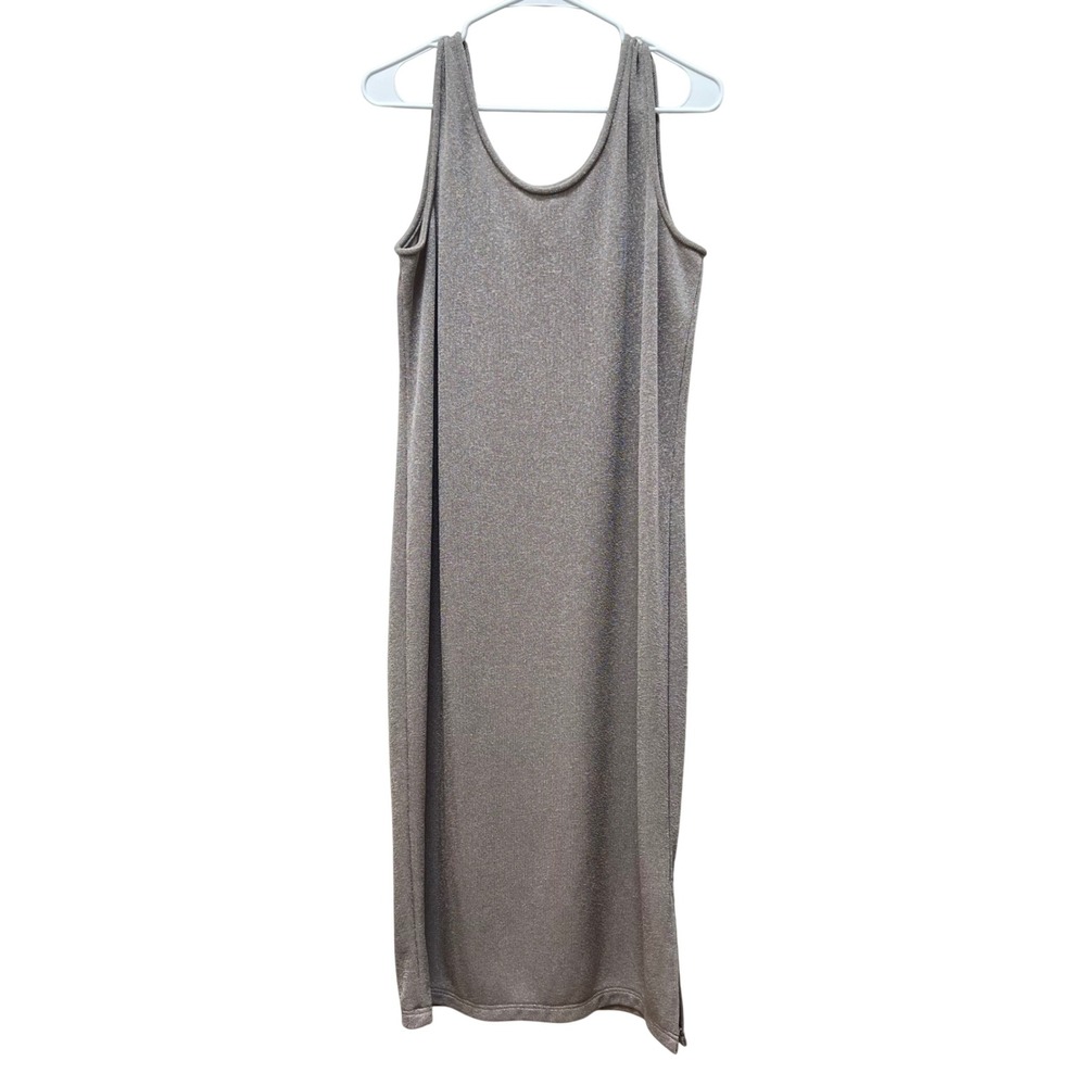 Brownstone Studio Vintage Metallic Shimmer Sleeveless Midi Sheath Dress Taupe M